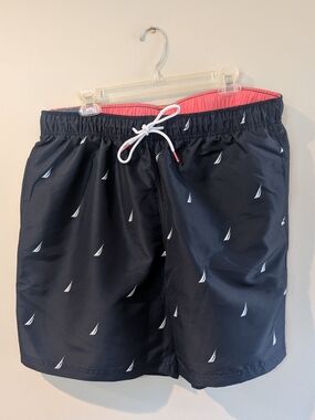 Nautilus Navy Sail Print Swim Trunks with Pink Liner